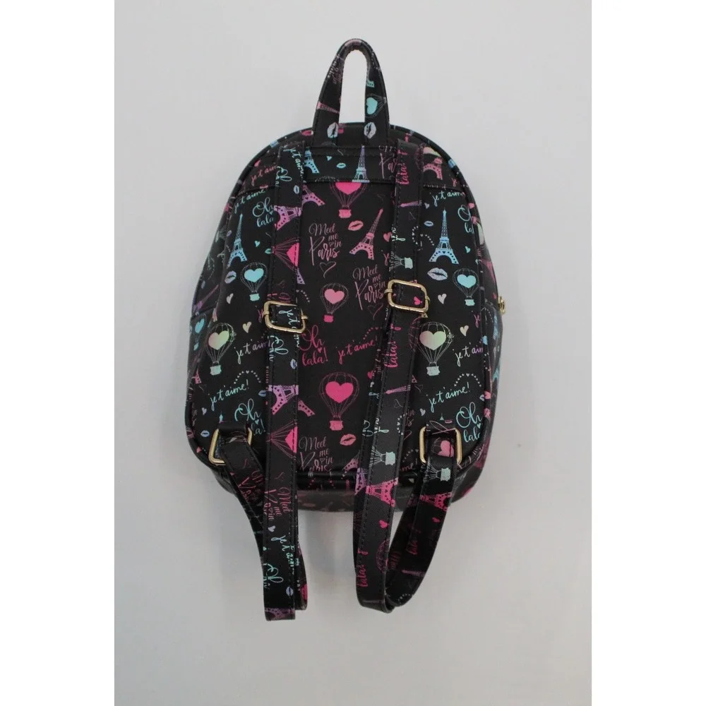 Paris Theme Mini Backpack Black Faux Leather Rainbow Zipper Eiffel Tower Print